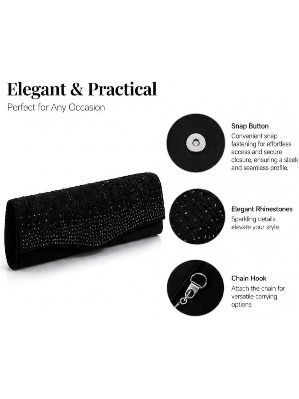 👜 Women's Black Dent-Proof Pleated Rhinestone Formal Evening Bag with Chain